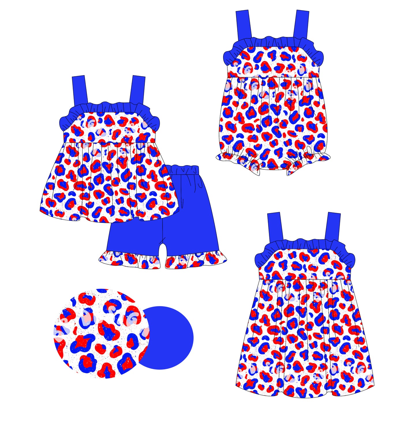 Preorder moq 5 Custom Baby Girls Strap Hot Blue Red Leopard Tunic Ruffle Short 4th Of July Set Knee Length Dress And Rompers