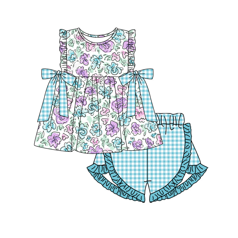 Baby Girls Green Purple Flowers Bows Top Ruffle Shorts Clothes Sets Preorder(MOQ 5)