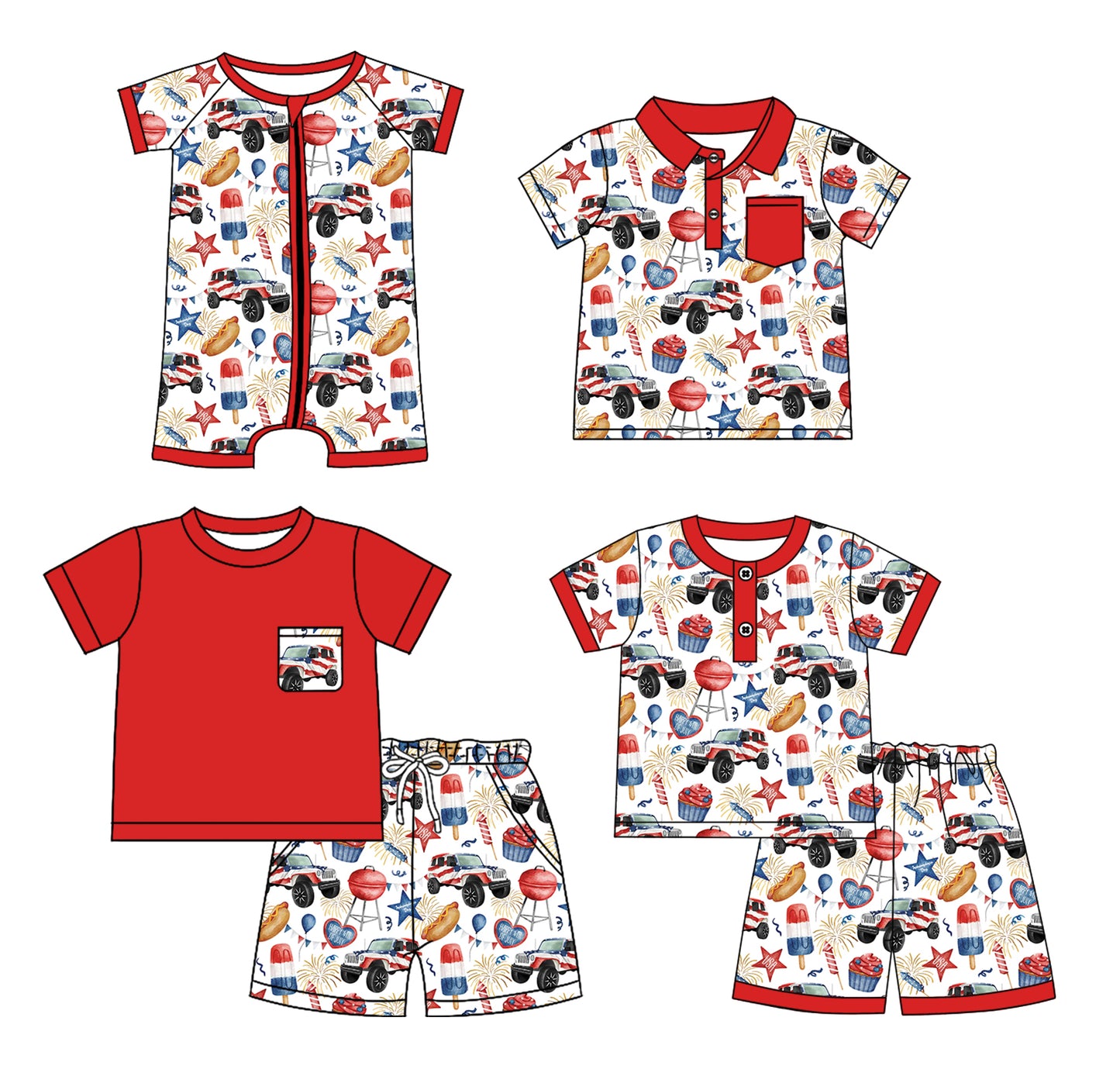 Preorder moq 5 Custom Baby Boys Blue Red Stars Popsicle Pocket Top Shorts 4th Of July Pajamas Set Button Polo Shirts Zipper Rompers