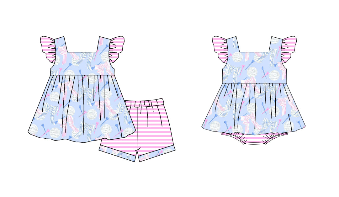 Preorder moq 5 Custom Baby Girls Pink Stripe Flutter Sleeves Bows Balls Tunic Short Set Rompers