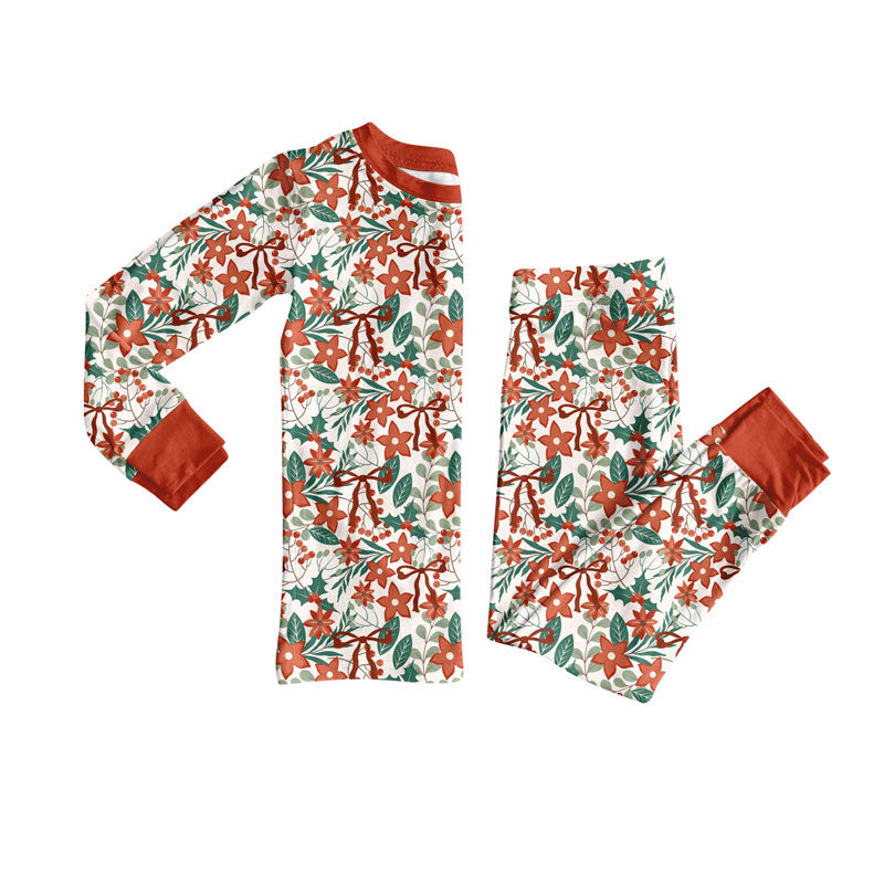 Preorder (moq 20)Baby Girls Bamboo Red Green Flowers Bows Christmas Pajamas Sets
