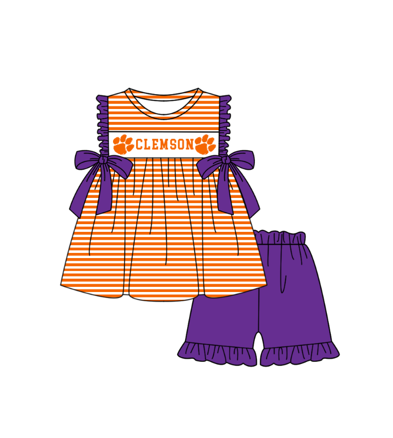 Preorder (moq 5)Baby Girls Sleeveless Clemson Stripe Tunic Ruffle Short Team Clothes Sets