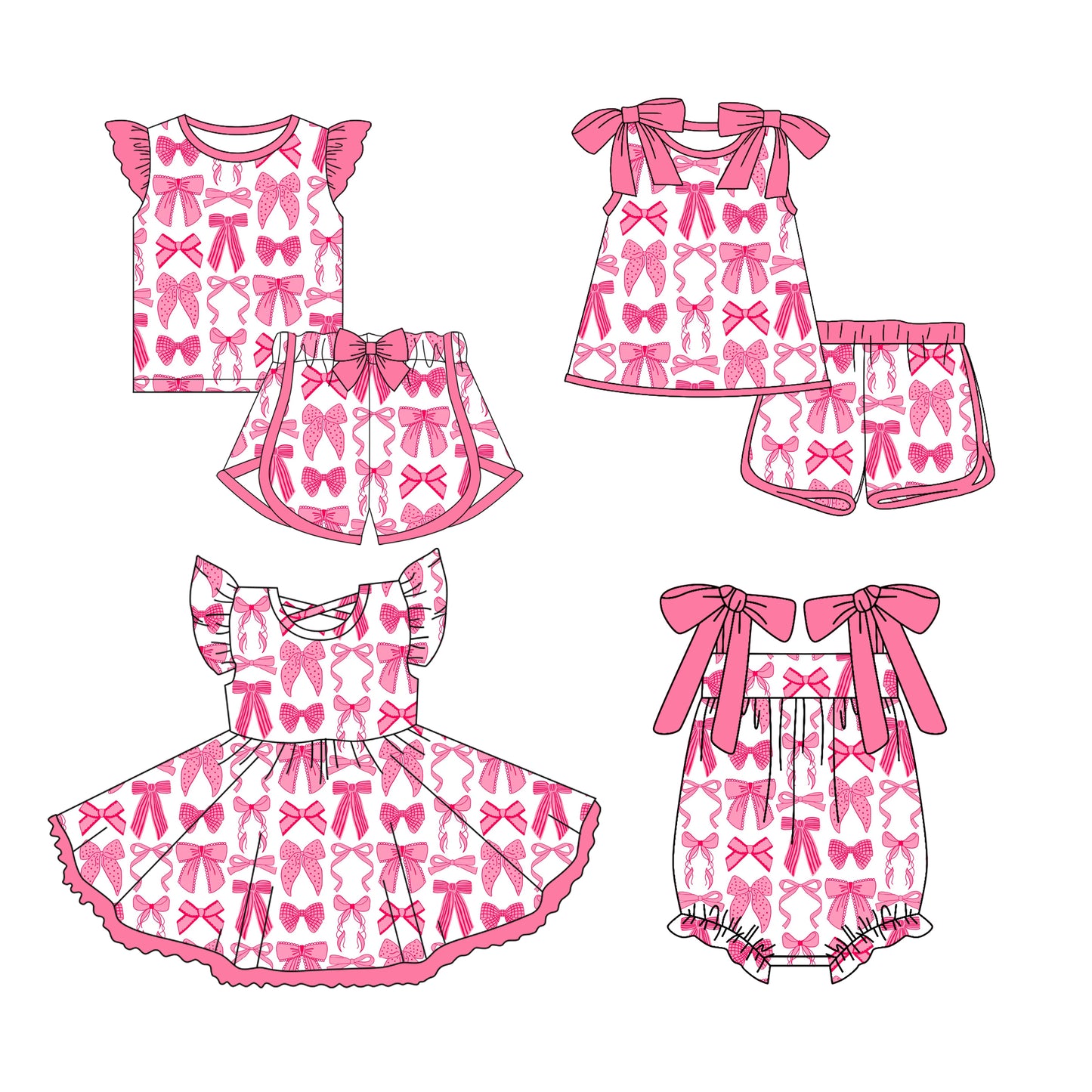 Preorder moq 5 Custom Baby Girls Pink Bows Top Short Sets Knee Length Dress Ruffle Rompers