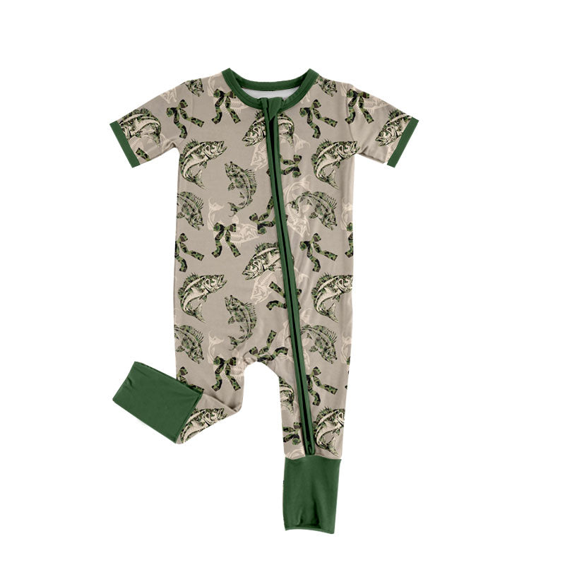 Preorder (moq 5) Baby Girl Clothes Grey Bass Fish Camo Bow Print Short Sleeve Zipper Romper