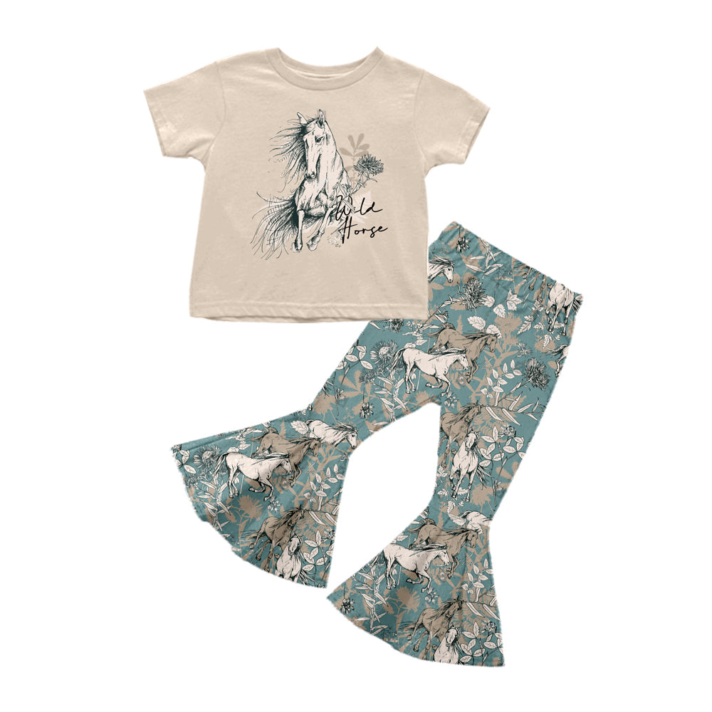 Baby Girls Horse Flowers Shirt Top Bell Pants Western Clothes Sets preorder (moq 5)