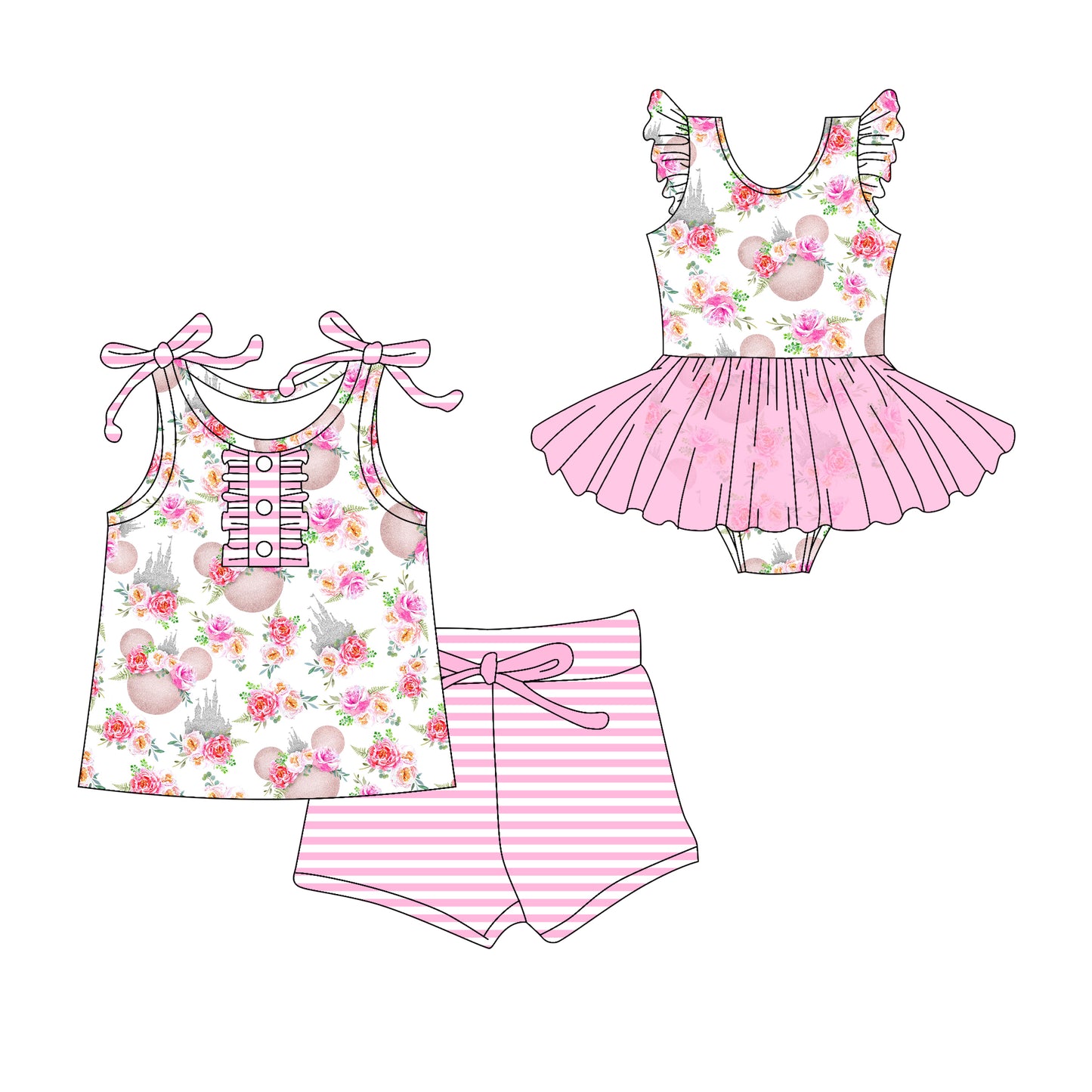 Preorder moq 5 Custom Baby Girls Pink Strap Cartoon Mouse Floral Button Top Stripe Short Set Skort Bummise Romper