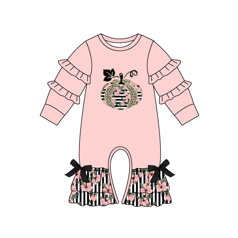 Baby Girls Thanksgiving Pink Pumpkin Long Sleeve Ruffle Rompers preorder(moq 5)