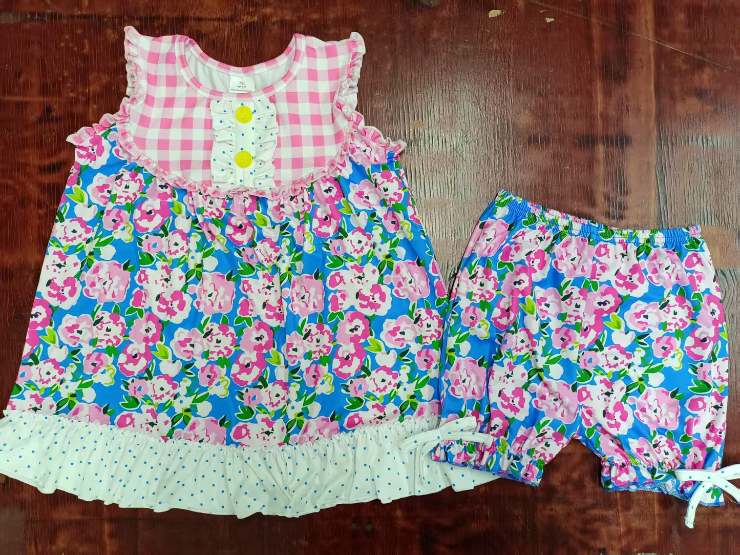 Preorder moq 5 Baby Girls Sleeveless Pink Plaid Blue Floral Tunic Ruffle Shorts Set