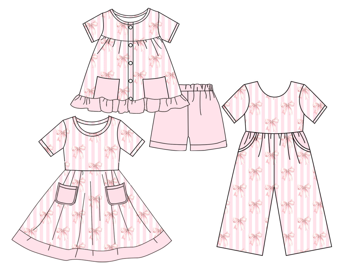 Preorder moq 5 Custom Baby Girls Short Sleeves Button Pink Bows Stripe Pockets Tunic Short Set Knee Length Dress Jumpsuits