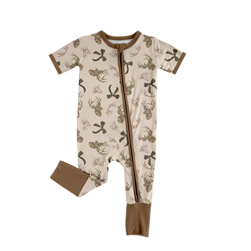 Preorder (moq 5) Baby Girl Clothes Camo Deer Antler Bow Print Short Sleeve Zipper Romper