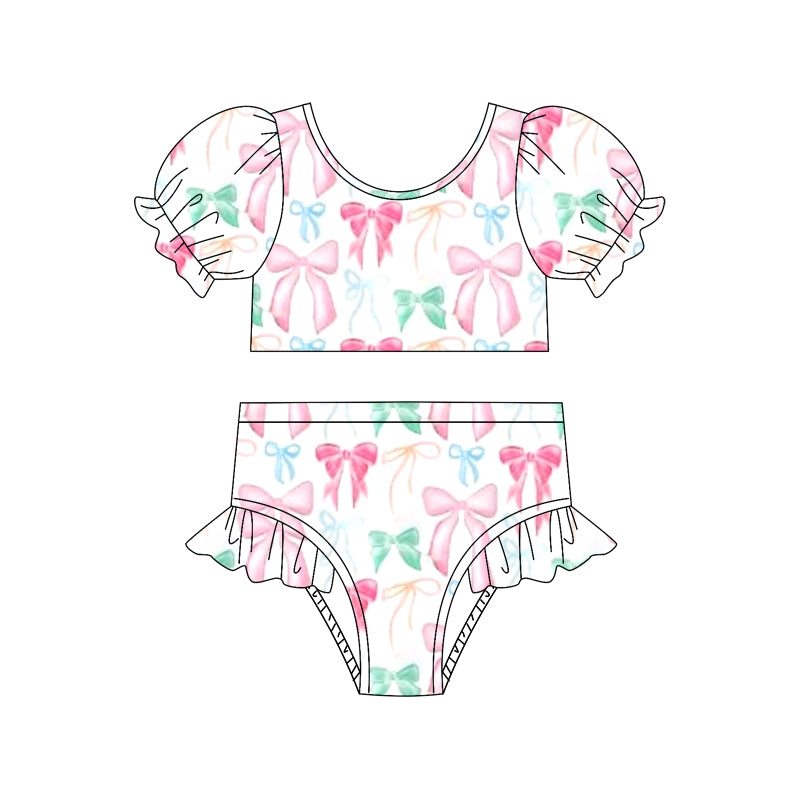 Preorder (moq 5)Baby Girls Colorful Bows 2pcs Bummie Swimsuits