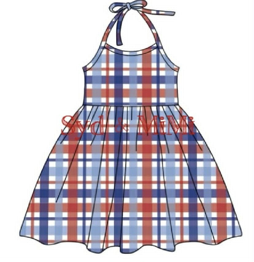 Preorder moq 5 Baby Girls Strap Red Blue Checked 4th of July Knee Length Dresses