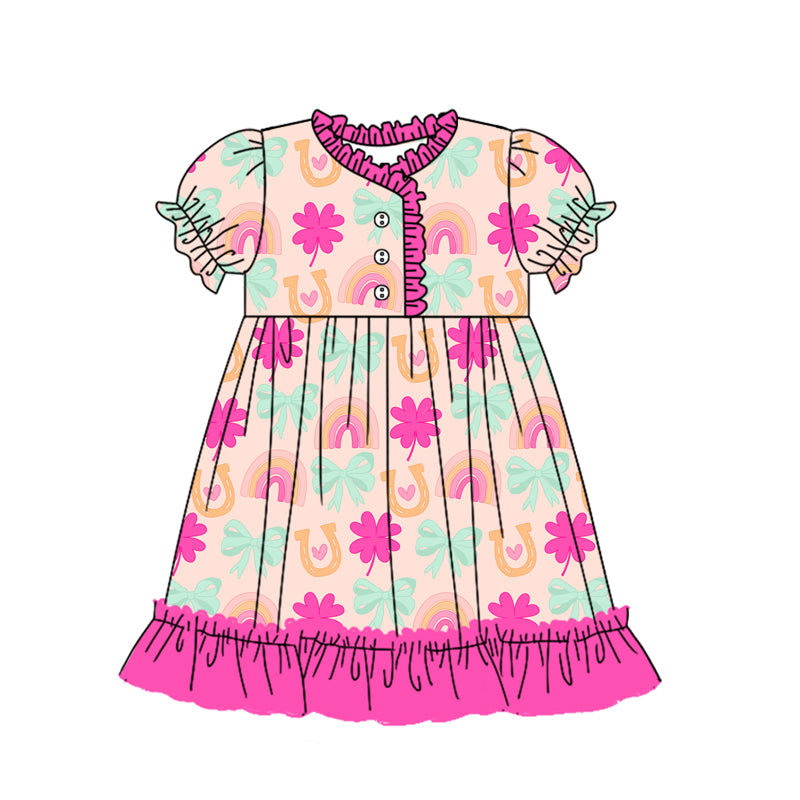 Preorder (moq 5)Baby Girls Colorful Rainbow Bows Ruffle Knee Length Gowns Dresses