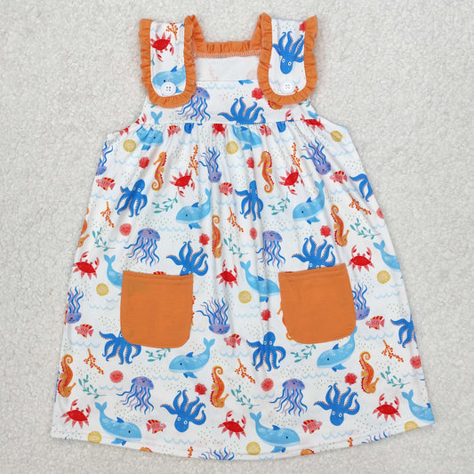 Sibling Baby Kids Orange Pocket Top Sea Animals Shorts Clothes Sets Knee Length Dresses
