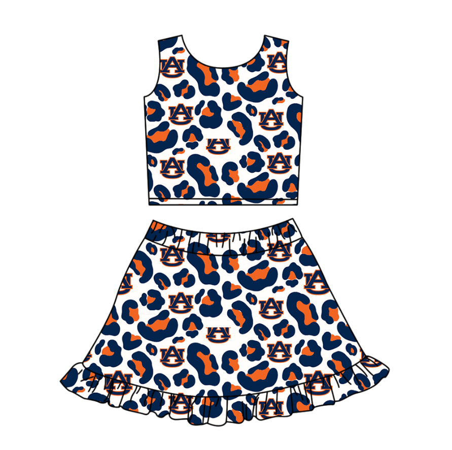 Preorder (moq 5)Baby Girls Navy Leopard AU Vests Ruffle Skirt Shorts Team Clothes Set
