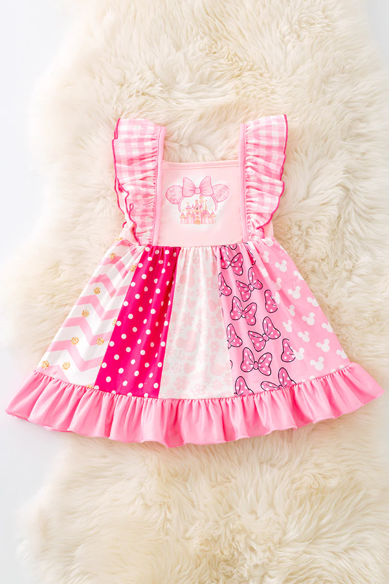 Preorder moq 5 Baby Girls Pink Plaid Flutter Sleeves Cartoon Mouse Castle Knee Length Dress