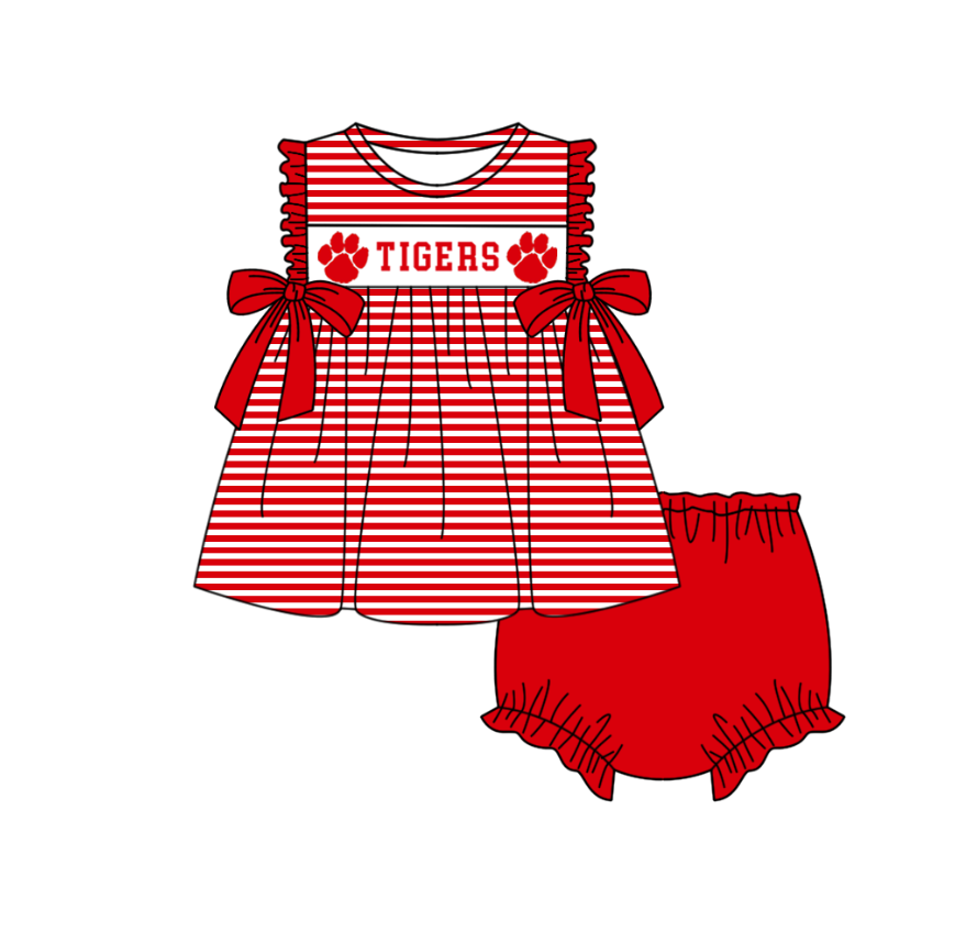 Preorder (moq 5)Baby Girls Sleeveless Tigers Red Stripe Tunic Bummies Team Clothes Sets