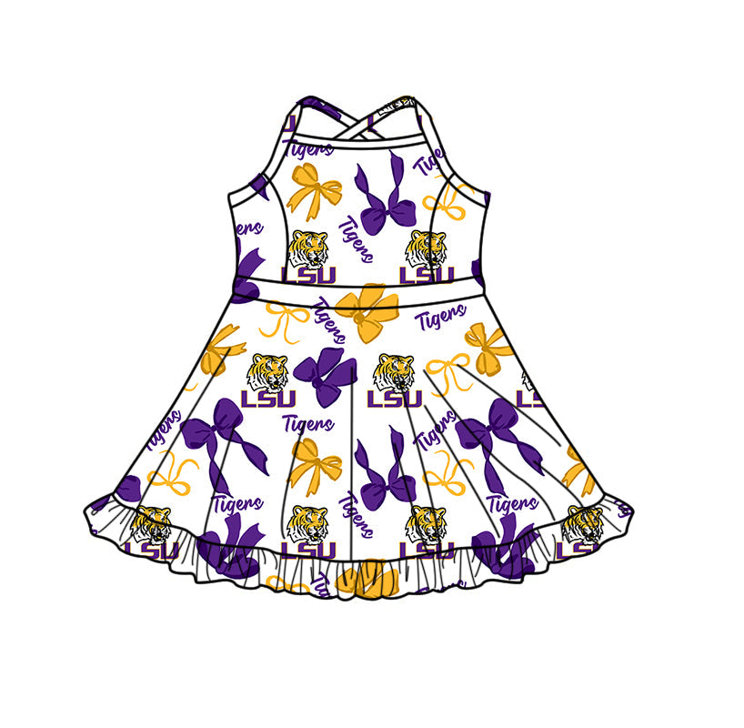 Preorder (moq 5)Baby Girls Strap LSU Tigers Bows Team Shorts Ruffle Knee Length Dress