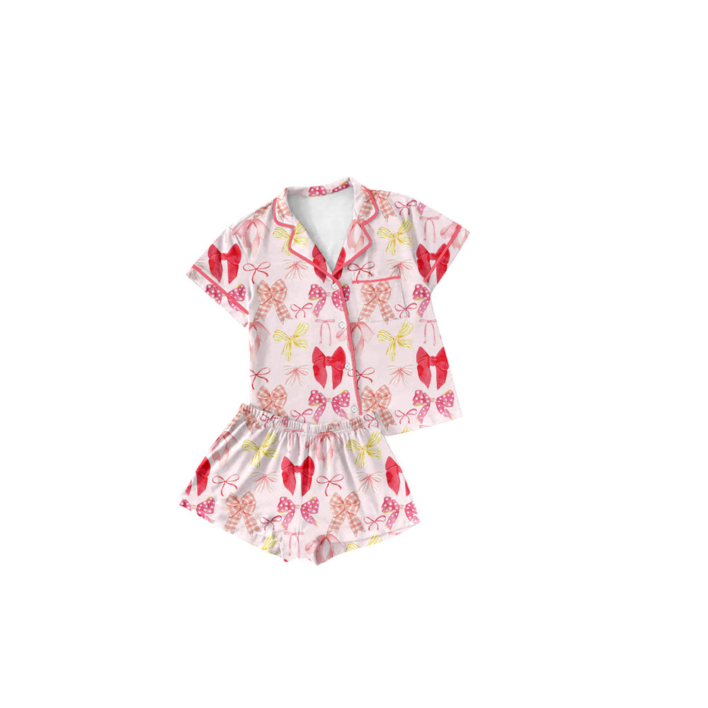 Preorder (moq 5)Baby Girls Red Baseball Bows Buttons Top Shirt Shorts Pajamas Clothes Sets