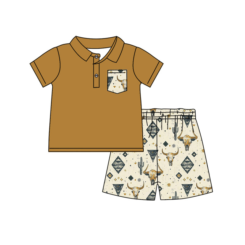Preorder (moq 5)Baby Boys Western Wild Cow Cactus Shirts Shorts Clothes Sets