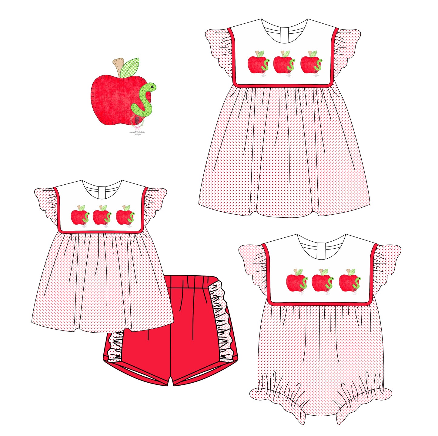 Preorder moq 5 Custom Baby Girls Red Polka Dots Caterpillar Apples Tunic Ruffle Short Set Knee Length Dress And Rompers