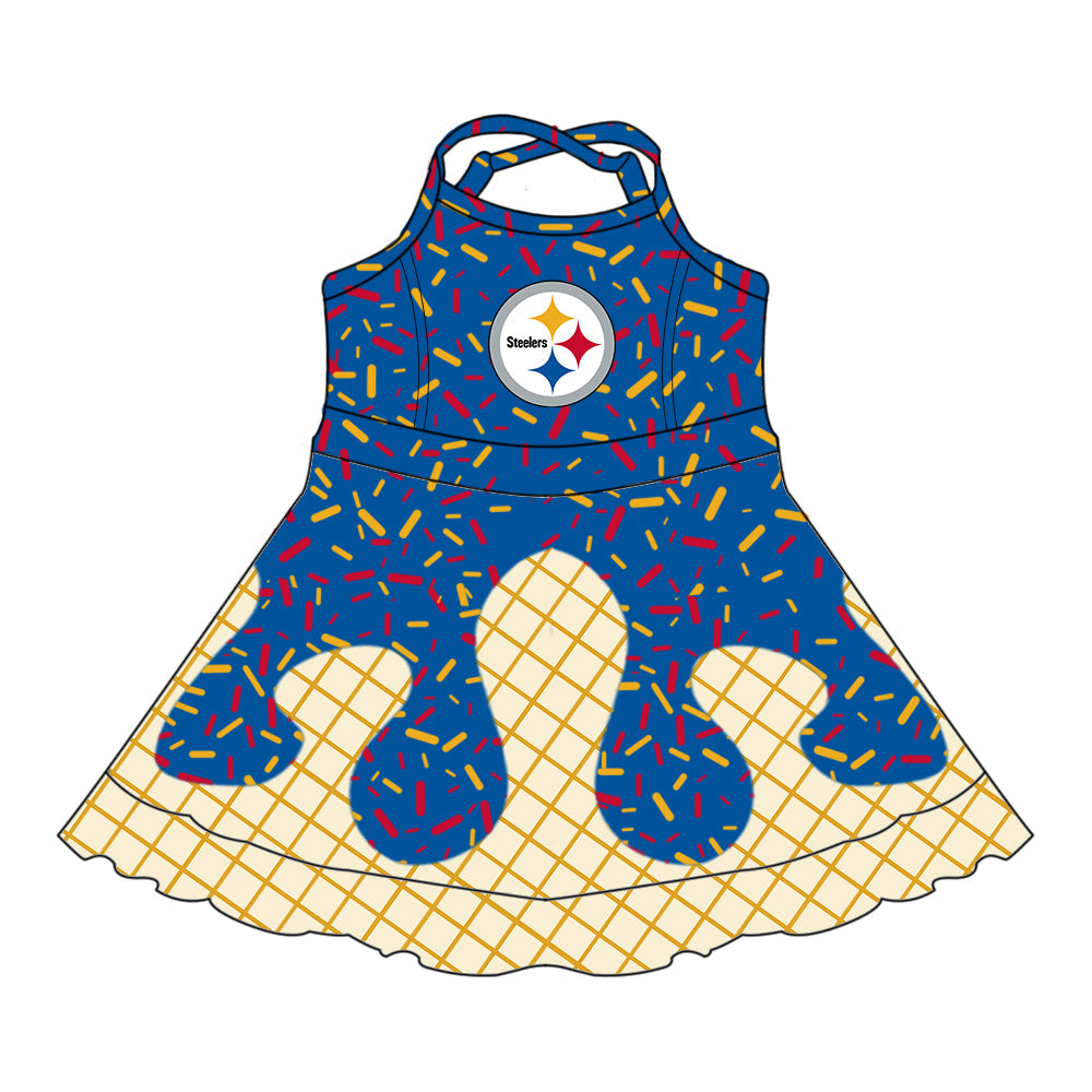 Preorder (moq 5)Baby Girls Strap Drip Sprinkles Steelers Team Shorts Ruffle Knee Length Dress