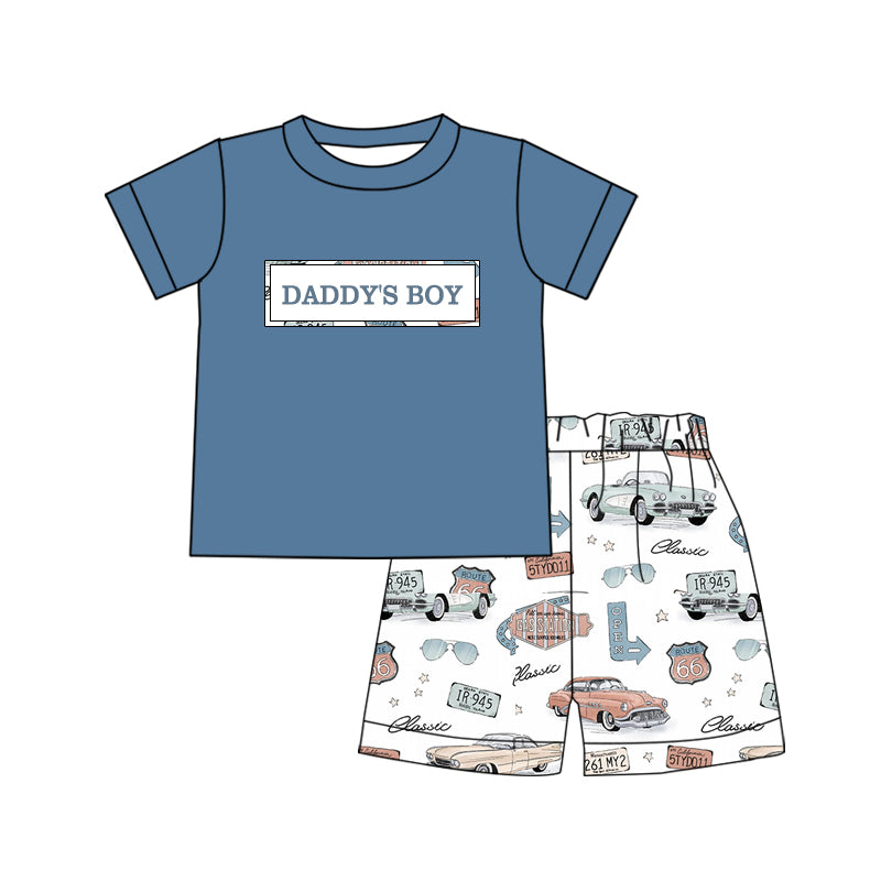 Preorder (moq 5)Baby Boys Blue Short Sleeves DADDY'S BOY Top Cars Short Set