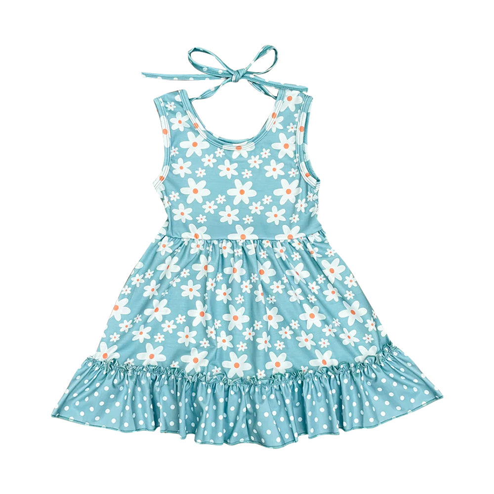 Baby Girls Flowers Blue Sleeveless Ruffle Knee Length Dresses preorder(moq 5)