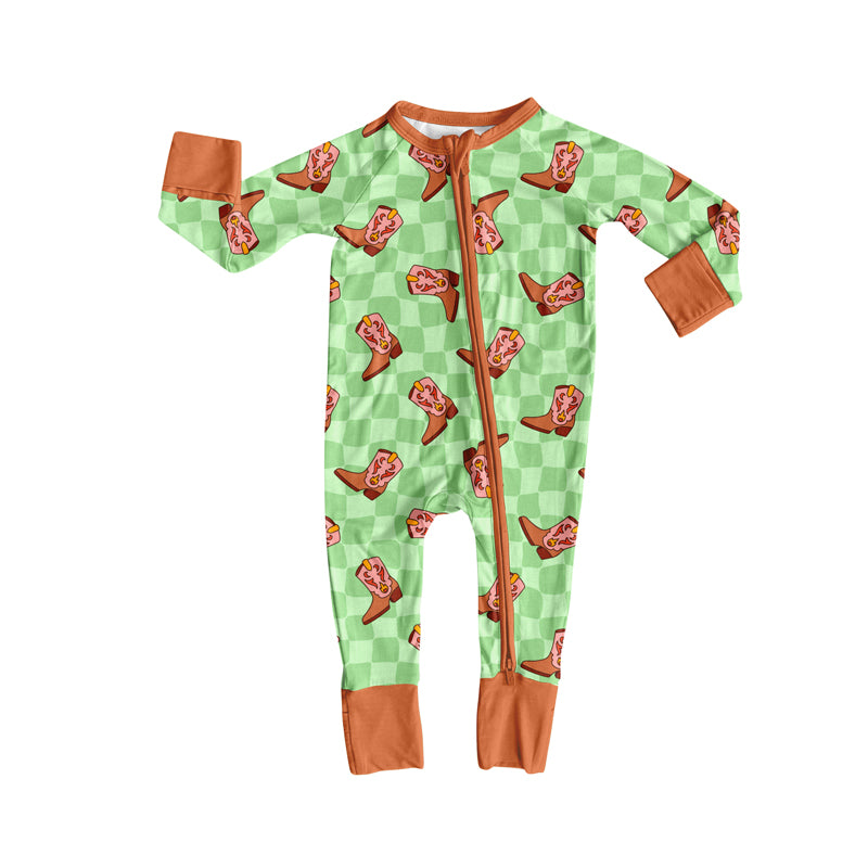 Preorder(moq 5)Baby Infant Green Checkered Boots Zipper Footie Rompers