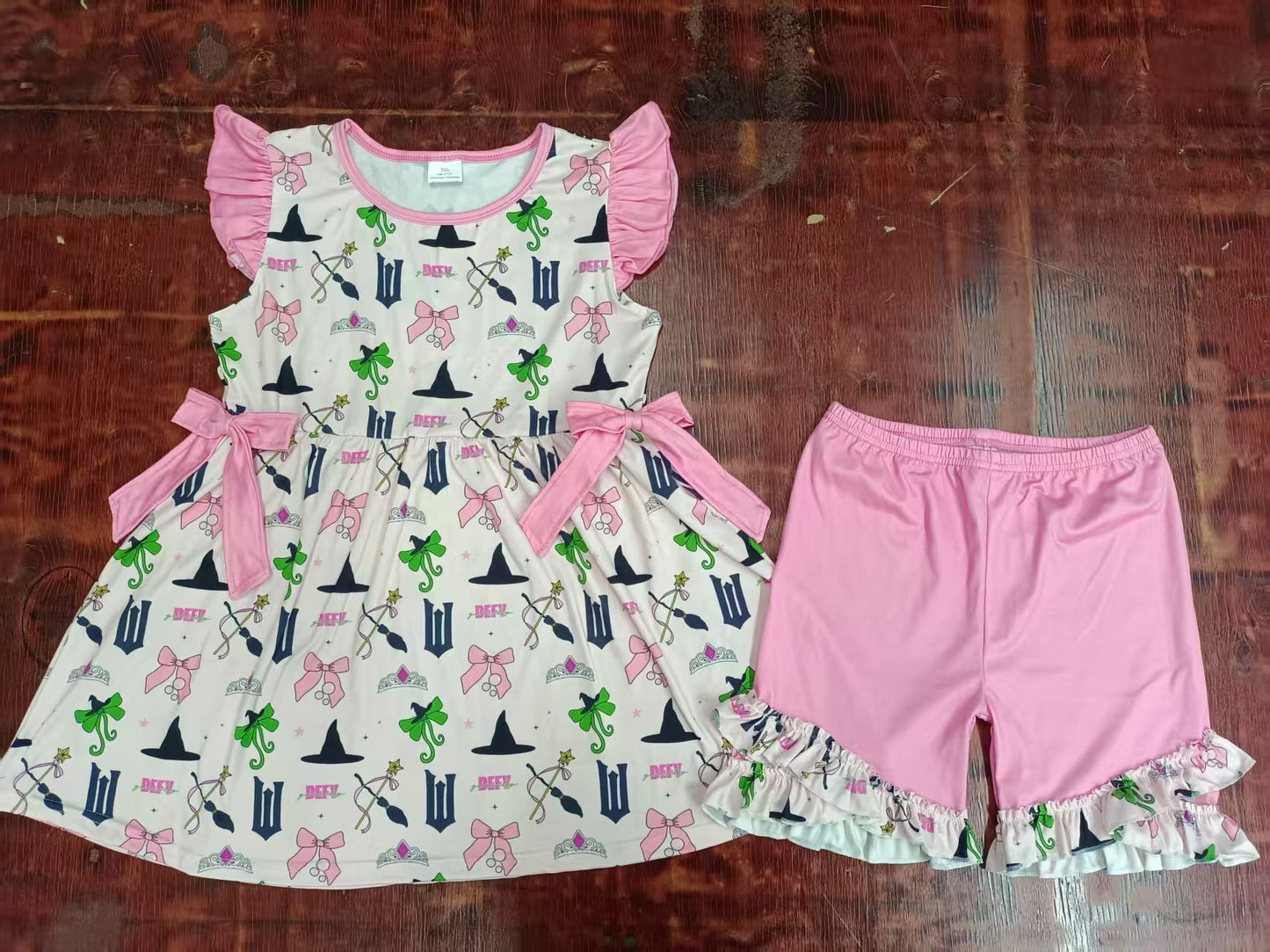 Preorder moq 5 Baby Girls Pink Flutter Sleeves Cartoon DEFV Bows Tunic Ruffle Short Sets