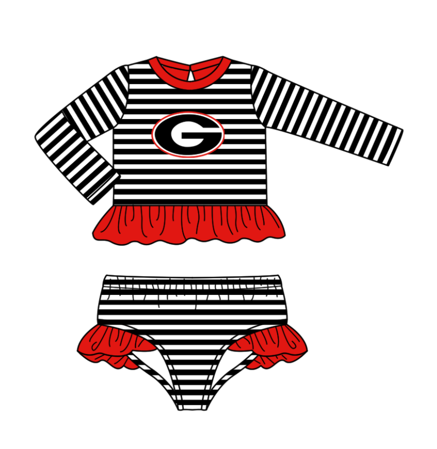 Preorder moq 5 Baby Girls Black Stripe Georgia Bulldogs Top Bummies Shorts Team Swimsuits