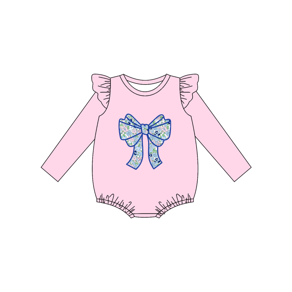 preorder(moq 5)Baby Infant Girls Pink Floral Bow Flutter Sleeve Long Sleeve Rompers