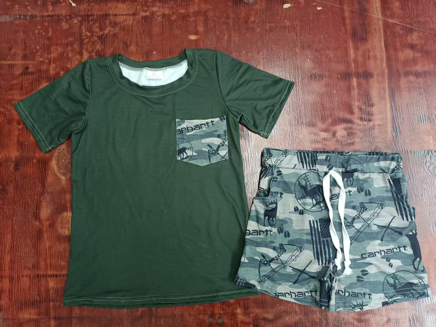 Preorder moq 5 Baby Boys Dark Green Pocket Top Carhartt Deer Shorts Set