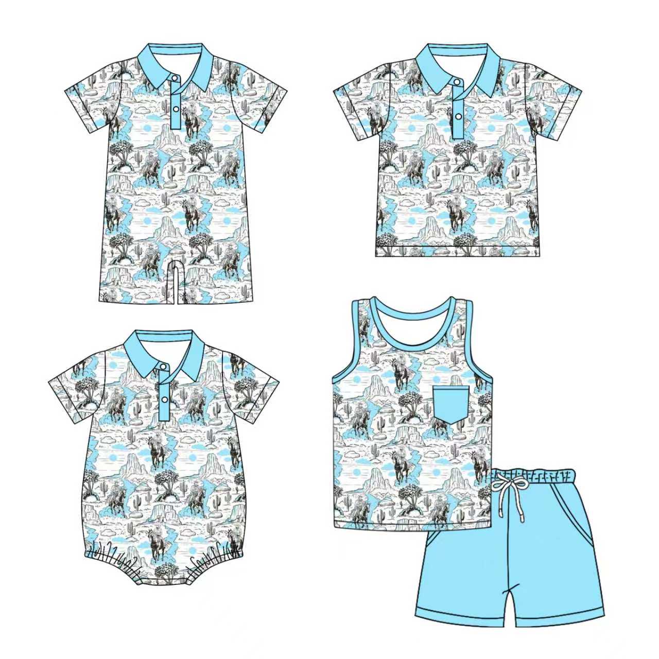 Preorder moq 5 (each item)Baby Boys Cactus Rodeos Button Pocket Shorts Western Clothes Set Polo Shirt Rompers