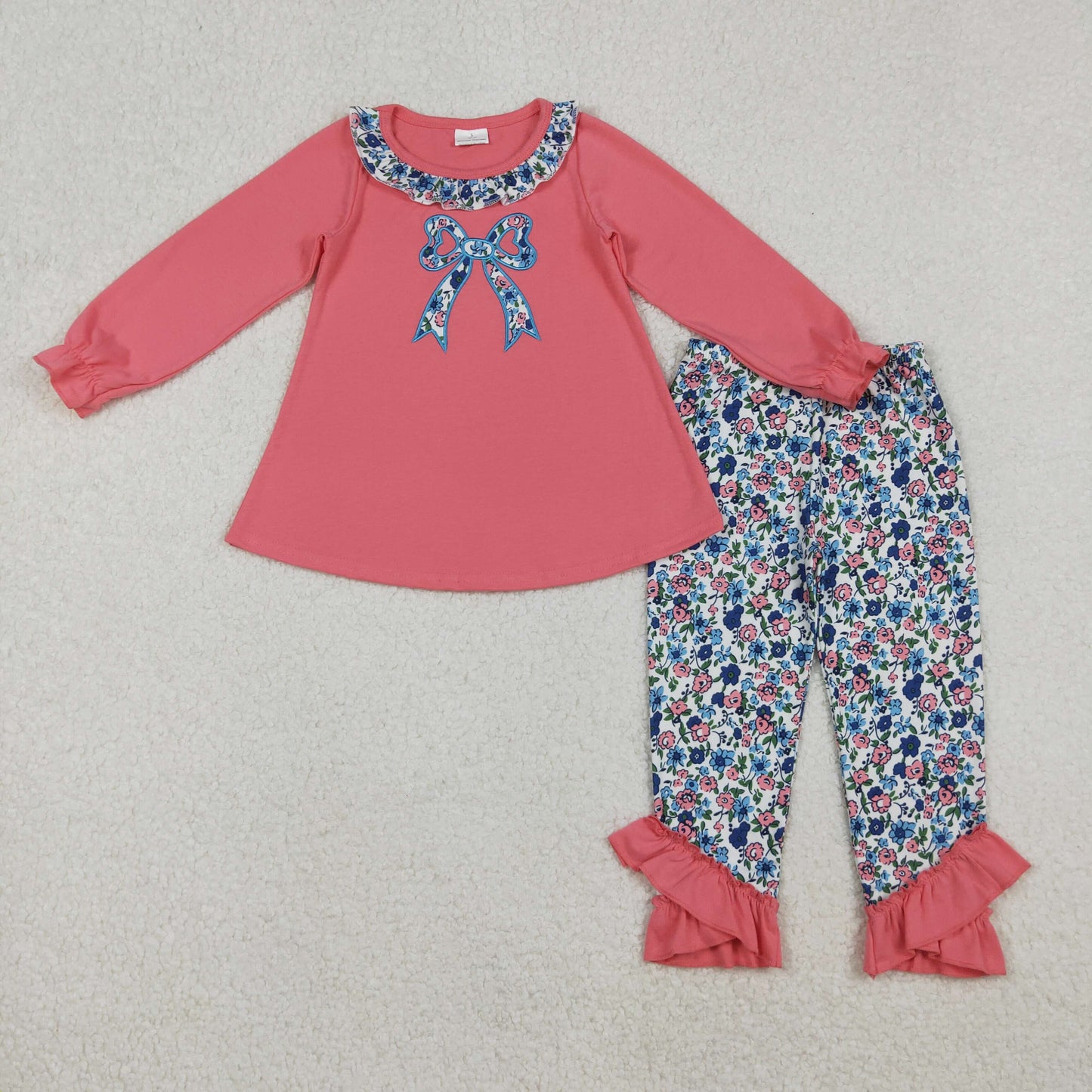 Embroidery Floral Bow Baby Girls Tunic Ruffle Leggings Clothes Set