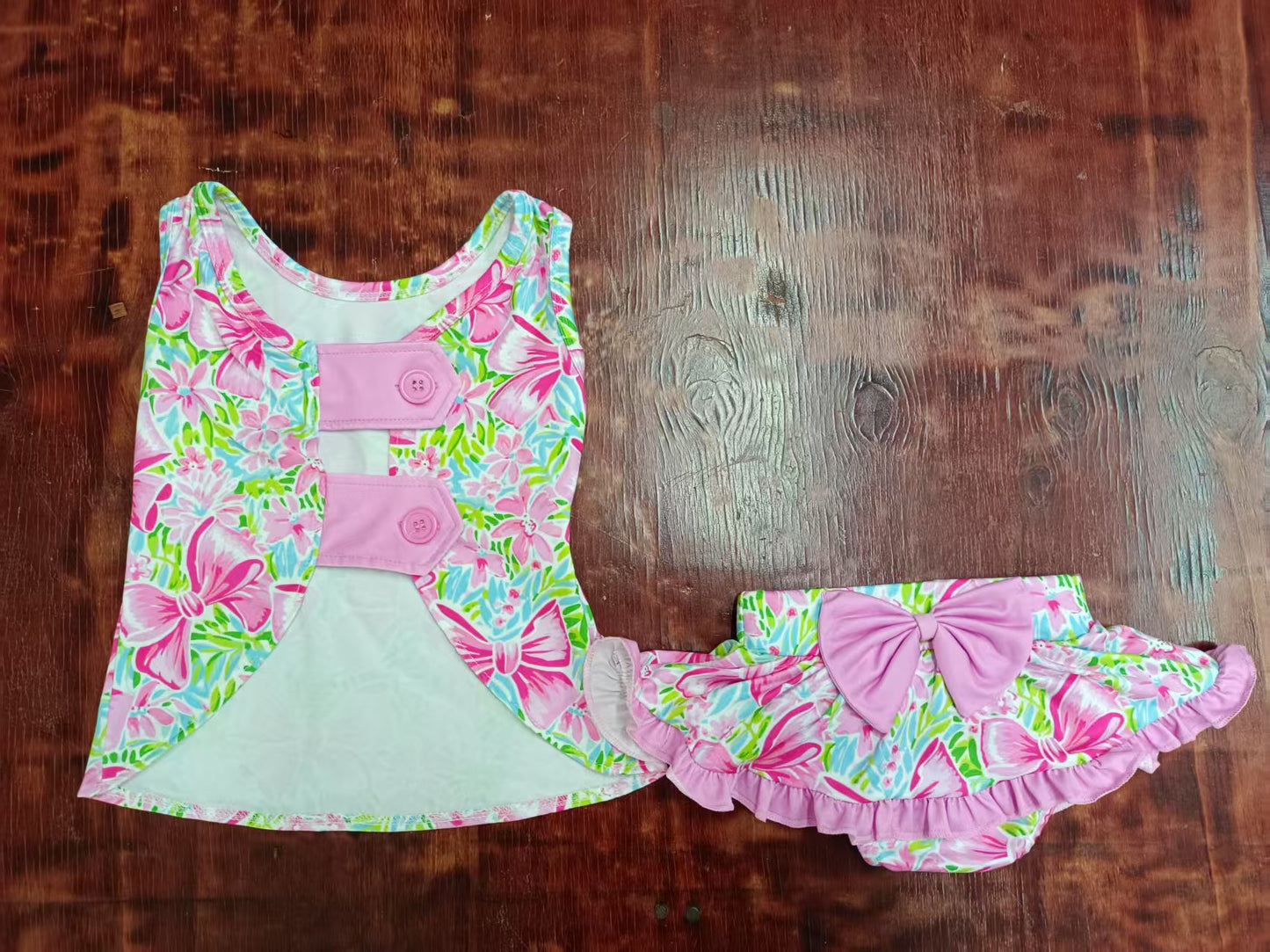 Preorder moq 5 Baby Girls Sleeveless Button Pink Floral Tunic Bummies Skorts Set