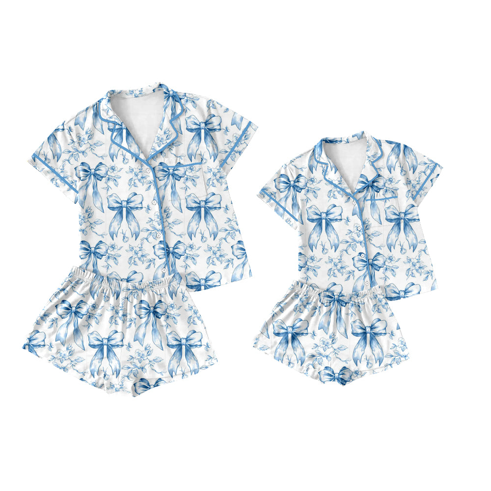 Preorder moq 5 Custom Mama And Me Blue Bows Flowers Button Pocket Top Short Pajamas Set
