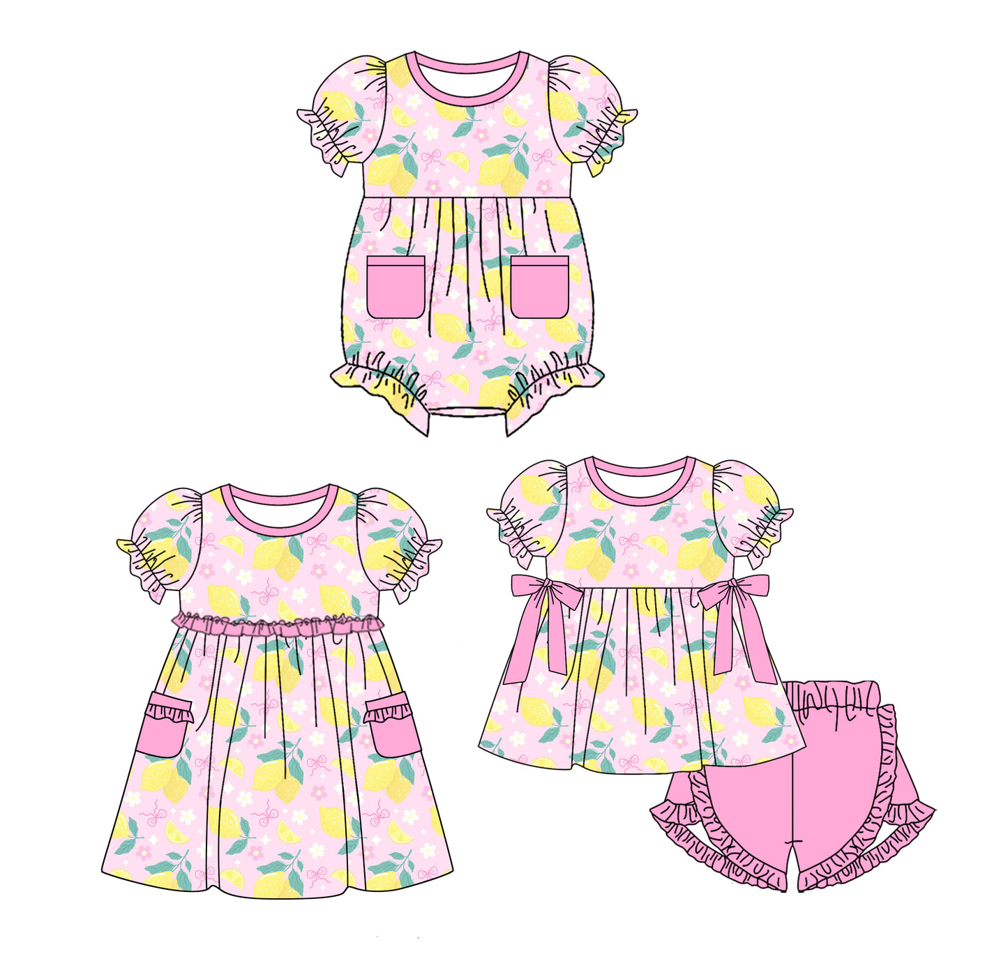 Preorder moq 5 Custom Baby Girls Pink Pockets Lemon Tunic Ruffle Short Set Knee Length Dress Romper