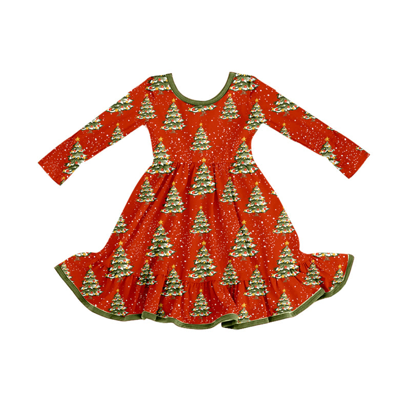 Preorder (moq 5)Baby Girls Christmas Trees Red Ruffle Knee Length Dresses