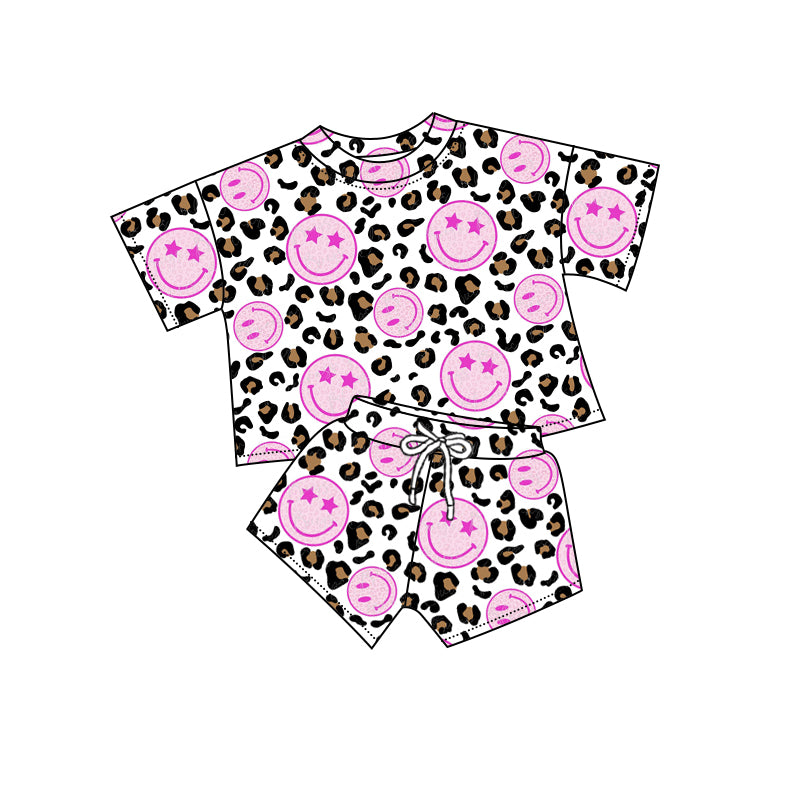 Preorder (moq 5)Baby Girls Leopard Pink Smile Shirts Shorts Sports Clothes Sets