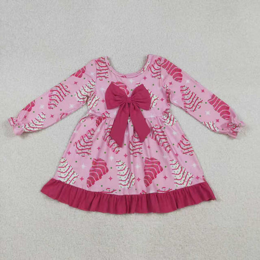 Sibling Baby Girls Pink Stripe Trees Stars Bow Christmas Knee Ruffle Length Dresses Rompers