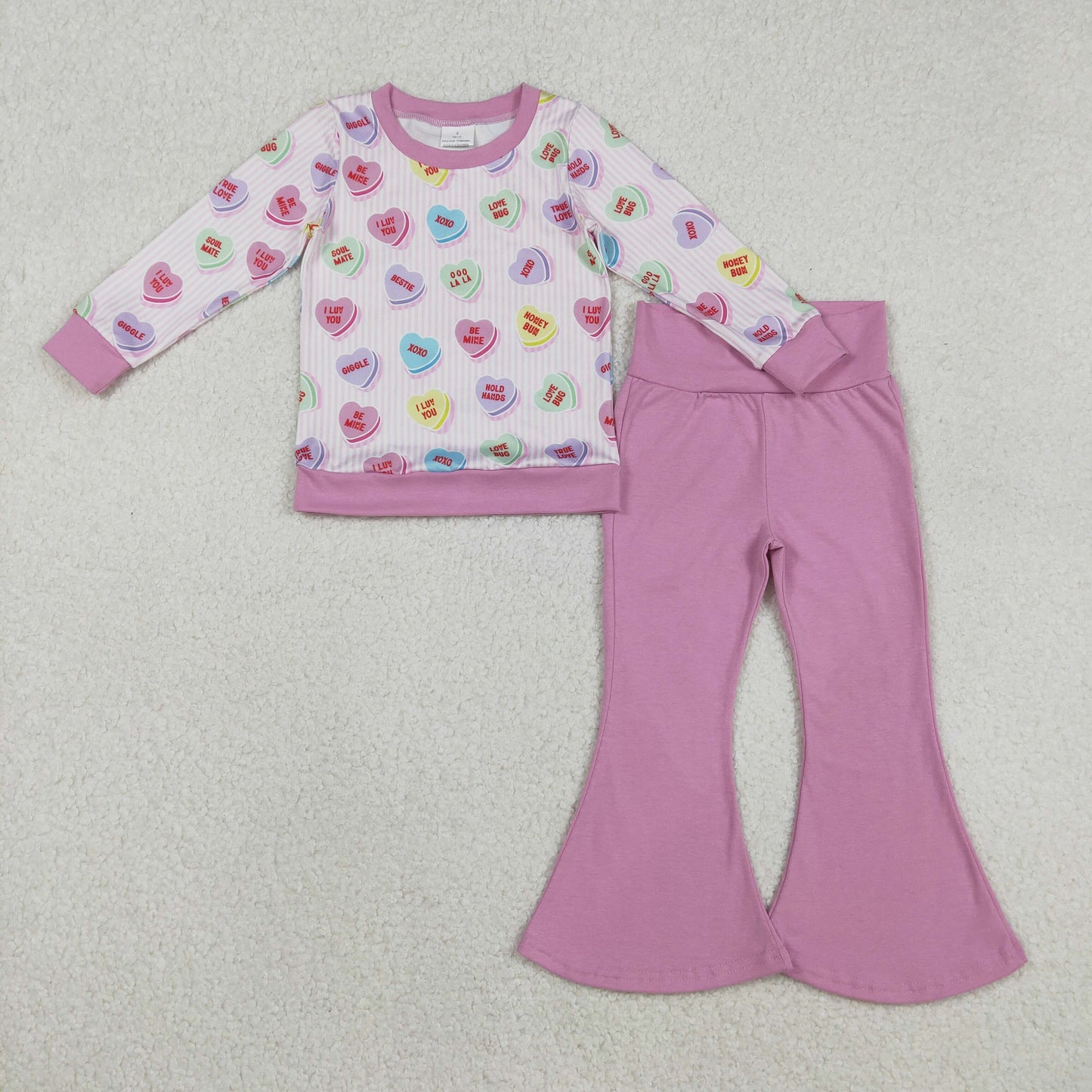 Baby Girls Pink Stripe Colorful Hearts Top Bell Bottom Pants Valentines Clothes Sets