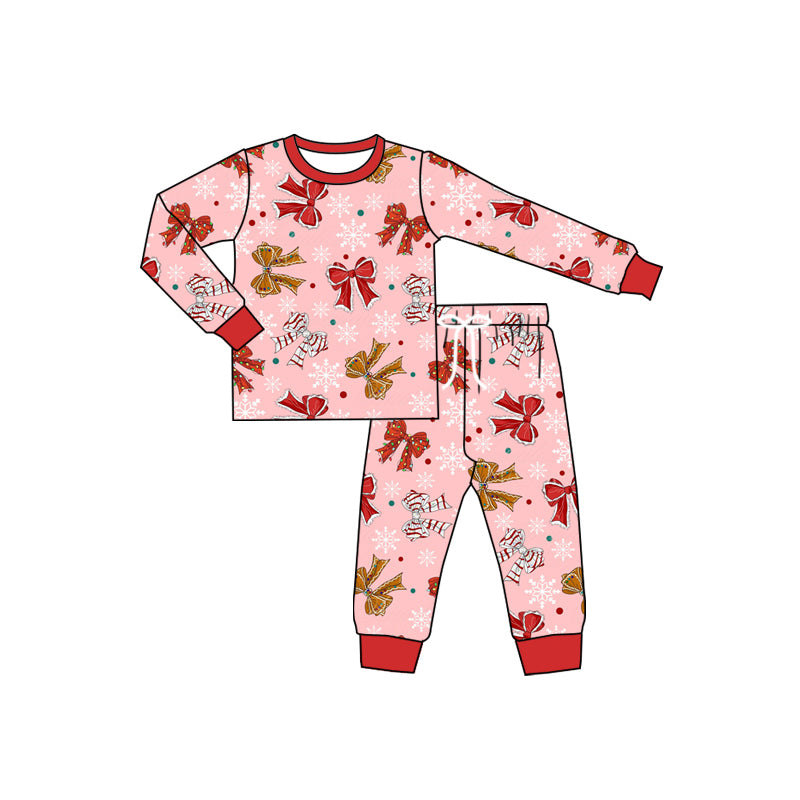 Preorder (moq 5)Baby Boys Long Sleeves Pink Bows Snowflake Top Pant Pajamas Set