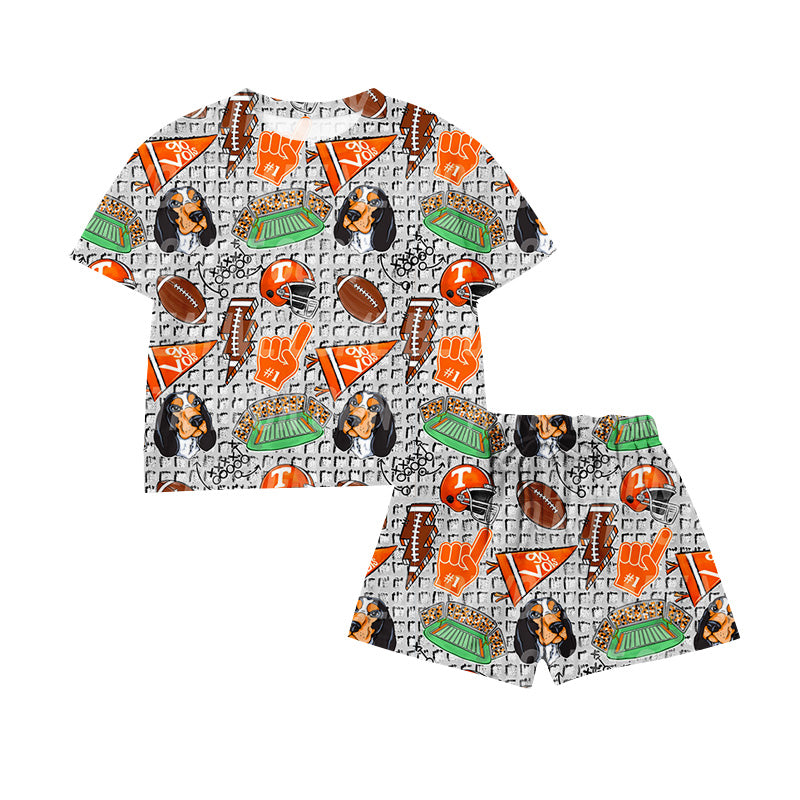 Preorder moq 5 Baby Girls Footballs Dogs Top Short Team Waffle Clothes Set