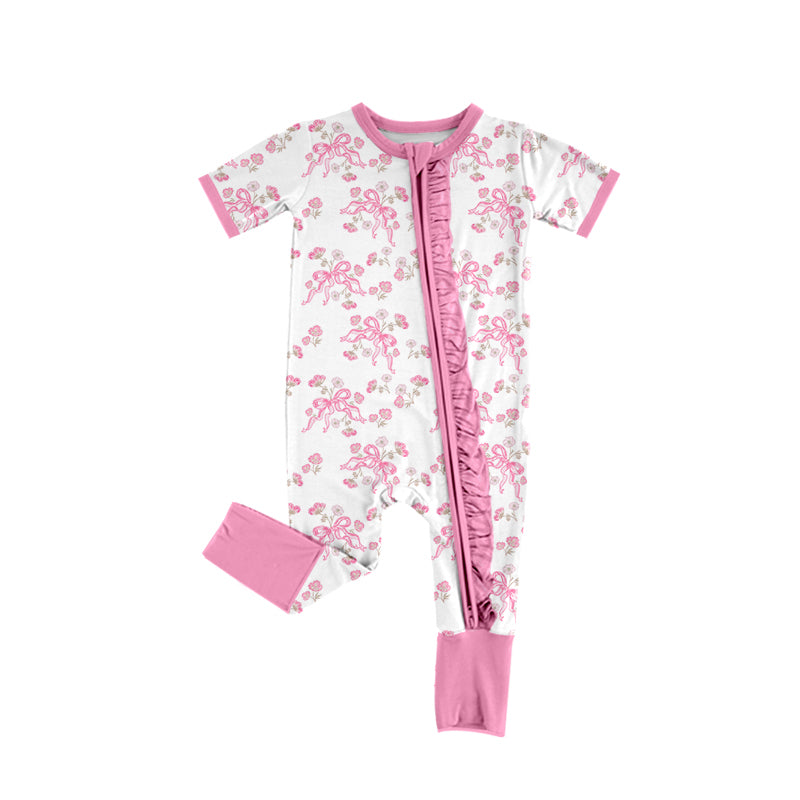 Preorder (moq 5)Baby Girls Short Sleeves Bows Flowers Zipper Rompers