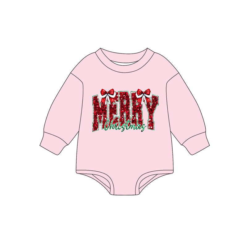 Preorder (moq 5)Baby Girls Pink Long Sleeves Bows Merry Christmas Rompers