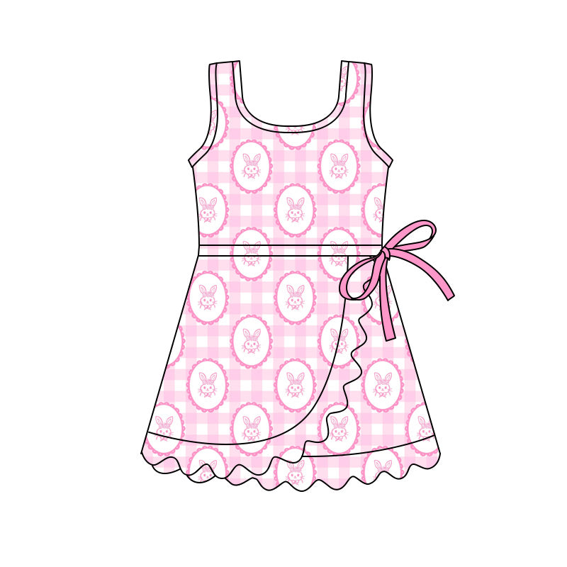 Preorder (moq 5)Baby Girls Pink Checked Rabbits Easter Scallop Shorts Knee Length Dresses