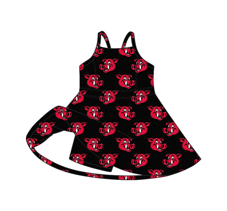 Preorder (moq 5)Baby Girls Black Strap Pigs Team Shorts Knee Length Dresses