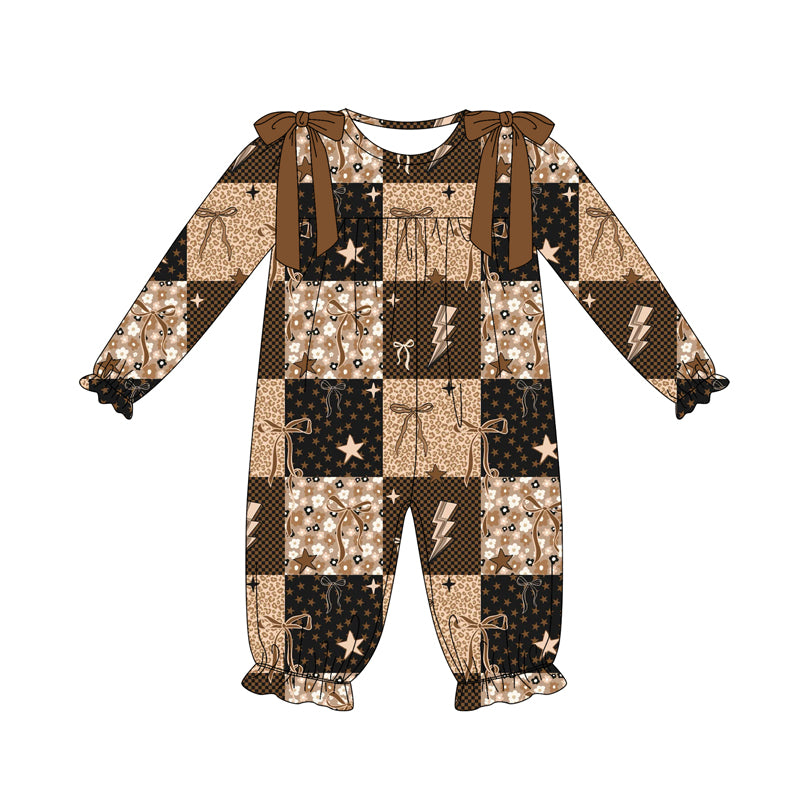 Preorder (moq 5)Baby Girls Brown Long Sleeves Flowers Bows Plaid Ruffle Pant Romper