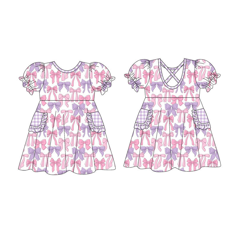 Preorder(moq 5) Baby Girls Short Ruffle Sleeve Pink Purple Bows Pockets Knee Length Dresses